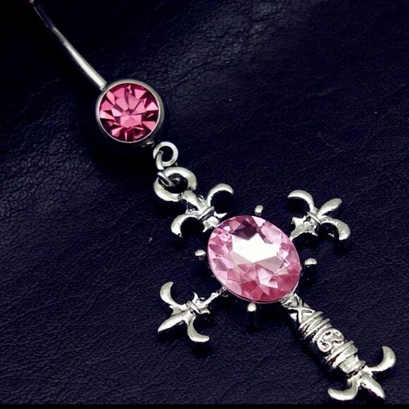 💝New in Package Belly Button Ring Navel Cross pattern Pendant - pink - Picture 1 of 2
